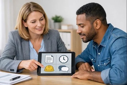 Eine Frau erklärt einem Mann etwas zum "Arbeiten in Deutschland" an einem Tablet.