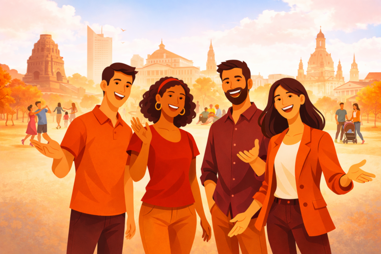 Illustration von vier Menschen vor der Kulisse sächsischer Gebäude, welche dem Betrachtenden freundlichen zuwinken: Willkommen in Sachsen!