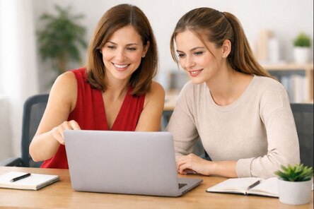 Zwei Frauen arbeiten gemeinsam an einem Notebook.